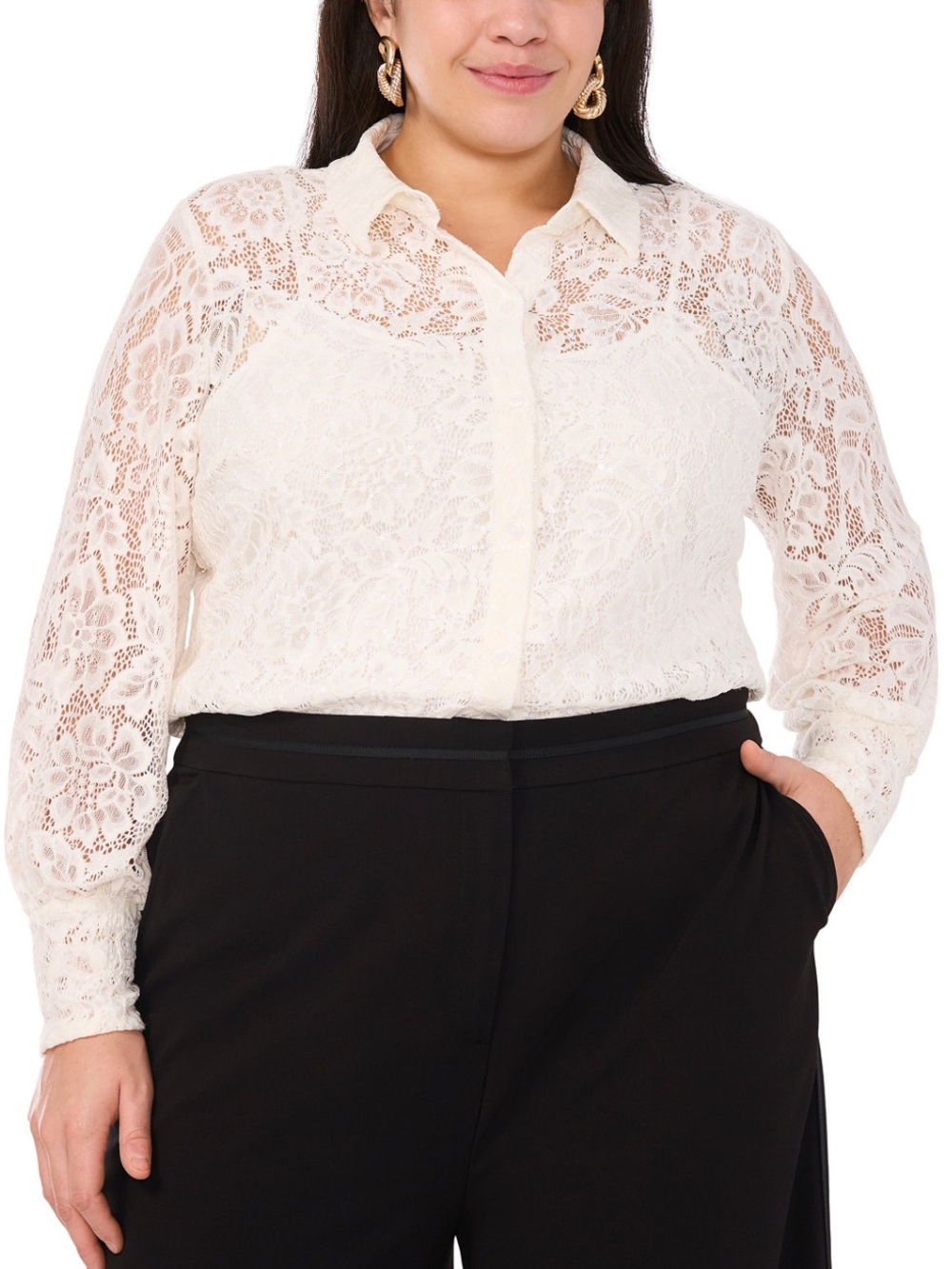 NWT Vince Camuto Sz 1X Ivory Long Sleeve Lace Fold-Collar Blouse Top Ret $109!